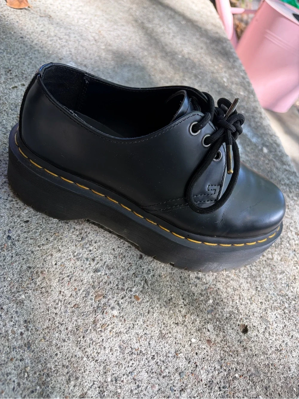 Dr. Martens Black Leather Platform Oxfords with Yellow Stitching